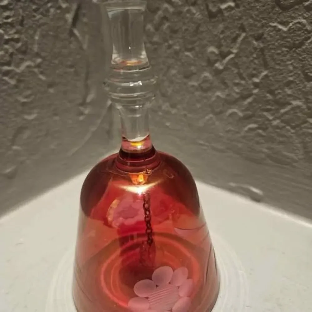 Cranberry Glass Collectors Bell Bohemian Czech Crystal with Etched Glass 5
